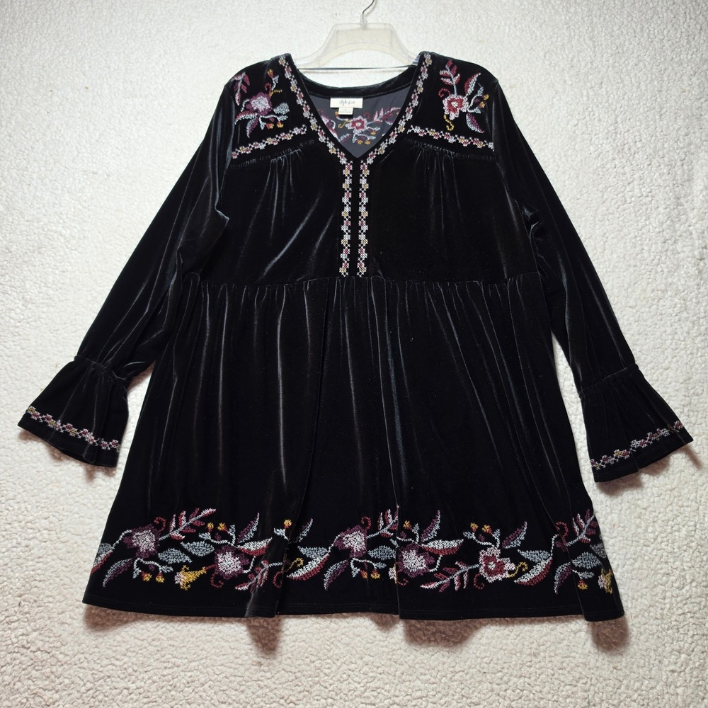 Style & Co Womens Black Velvet Embroidered Tunic Top V-Neck Bell Sleeve Large